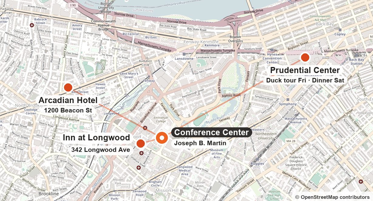 Map of Boston showing the Joseph B. Martin Conference Center and the Inn at Longwood Medical in the Longwood Medical Area, the Arcadian Hotel at 1200 Beacon Street in Brookline, and the Prudential Center, where the Friday Duck Boat Tour departs and the Saturday dinner at View Boston is held.